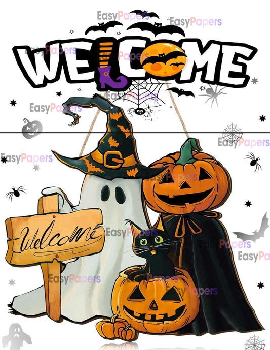 Welcome Halloween Door Hanger, Wreath Sign, Welcome sign,  Cutting Board, PDF File TWO IMAGES